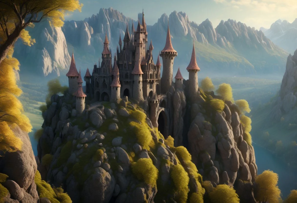 8K, fairy tale castle in a (rock spire), mountain on background
