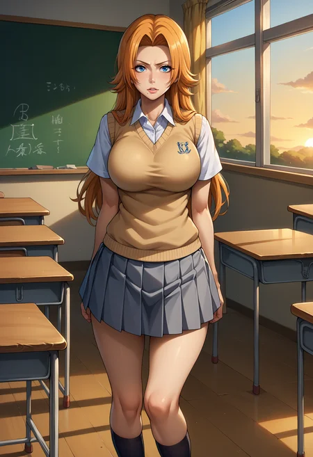 score_9, score_8_up,score_7_up, source_anime, 1girl, solo, <lora:EPblMatsumoto_epoch_2:1.0> , EPblMatsumoto, long hair, orange hair, blue eyes, large breasts, socks, shoes, school uniform, pleated skirt, kneehighs, short sleeves, miniskirt, mole, grey skirt, standing, mole under mouth, sweater vest, skirt, classroom, chalkboard, school desk, sunset, indoors, window,