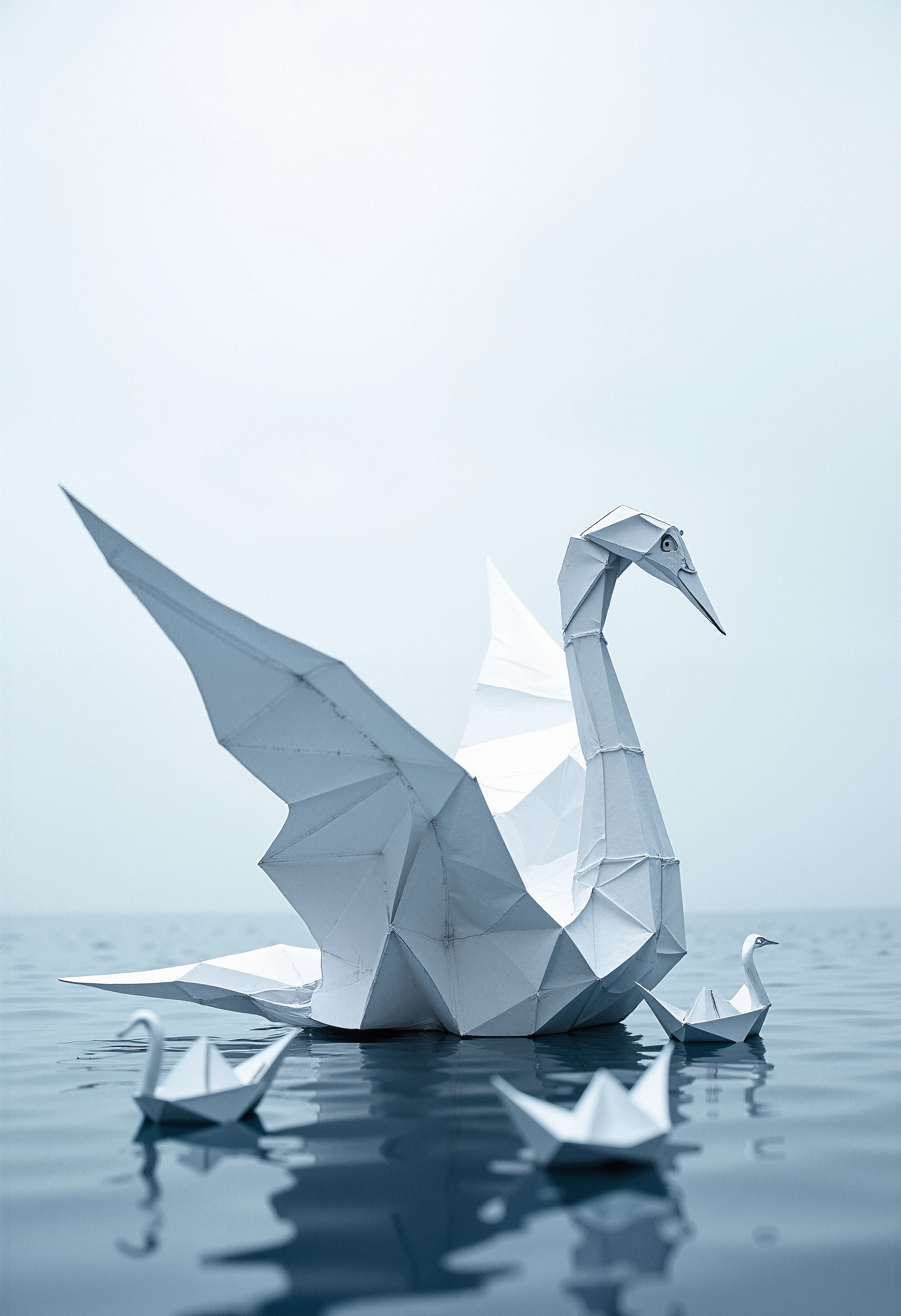 A massive origami crane made of delicate white paper, resting on a calm ocean surface. The crane's intricate folds are meticulously detailed, and its wings are slightly raised, as if it is about to take flight. The ocean around the crane is serene, with gentle ripples extending from where the crane touches the water. The sky above is overcast, with a soft, diffused light filtering through the clouds. Small paper boats float around the crane, adding to the peaceful and surreal atmosphere. The overall scene is minimalist, with a focus on the harmony between the paper and the natural elements.    <lora:FluxMythP0rtr4itStyle:0.8> MythP0rt, <lora:aidmaImageUpgrader-FLUX-V0.1:0.33> detailmaximizer,