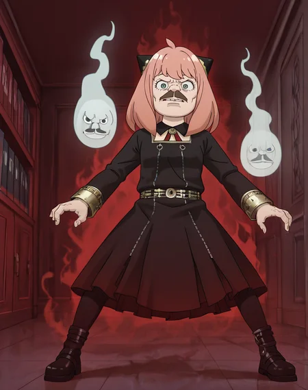 d3thkl0k, (spy x family:1.2), 1girl, anya, gothic outfit, moustache <lora:Metalocalypse_-_Dethklok-000013:1>, indoors, foggy, ghost magic, red aura, metal, sense of awe, dynamic stance, standing on school books
