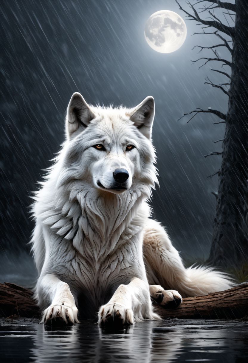 white and black wolf, sad, determined. lonely wolf, abandoned by his friends, crying or help, ((((tears in his eyes)))), looking at his friends from far away, (((howling))), extremely sad composition, masterpiece,  white fur, Royal, in a heavy rain, full moon, it's head is down, Photorealistic, volumetric shading, Hyperdetailed, perfect composition, beautiful detailed, 8k artistic photography, volumetric cinematic perfect light, award - winning photograph,
