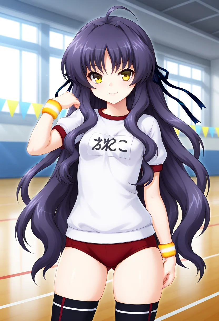 masterpiece, best quality, amazing quality, 1girl, solo, (portrait:1.2), riekoww, yellow eyes, purple hair, long hair, very long hair, dark blue hair ribbon, ahoge, small breasts, gym uniform, yellow wristband, red buruma, black thighhighs, looking at viewer, smile, indoors, day, skindentation, detailed clothing folds, depth of field, sharp, high contrast, dynamic light <lora:Ookawa_Rieko_Hime-sama_Gomeirei_o_ill:0.8>
