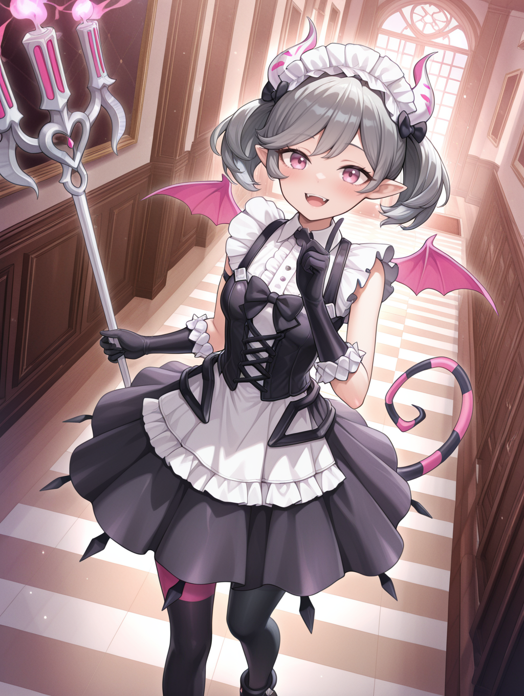 1girl, arianne the labrynth servant, pink demon wings, solo, stair, tail raised, holding trident, looking at viewer, dutch angle, demon girl, open mouth, indoors, holding plate, index finger raised, white maid headdress, black hair bow, black bowtie, black cross-laced corset, white frilled dress, black elbow gloves, asymmetrical legwear,
masterpiece,best quality,amazing quality,very aesthetic,absurdres,newest,<lora:Arianne and  Arianna the Labrynth Servant illusXL v1.1:0.75>,