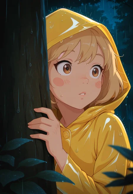 masterpiece, best quality, amazing quality, BSSPYCB, 1girl, solo, short hair, blonde hair, brown hair, brown eyes, blush stickers, upper body, outdoors, parted lips, hood, blurry, tree, night, leaf, nature, hood up, forest, rain, blurry foreground, dark, hiding, raincoat,