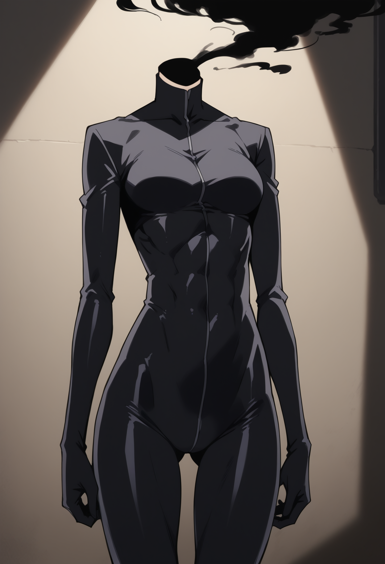 score_9,score_8_up,score_7_up,score_6_up,source_anime,absurdres,Cinematic Lighting,
BREAK <lora:celty-sturluson-s1-ponyxl-lora-nochekaiser:1>,celty sturluson,solo,toned,medium breasts,bodysuit,black bodysuit,skin tight,thighs,(fred perry:0.4),<lora:Headless_Style:0.8>,headless,black smoke from neck,shadow,