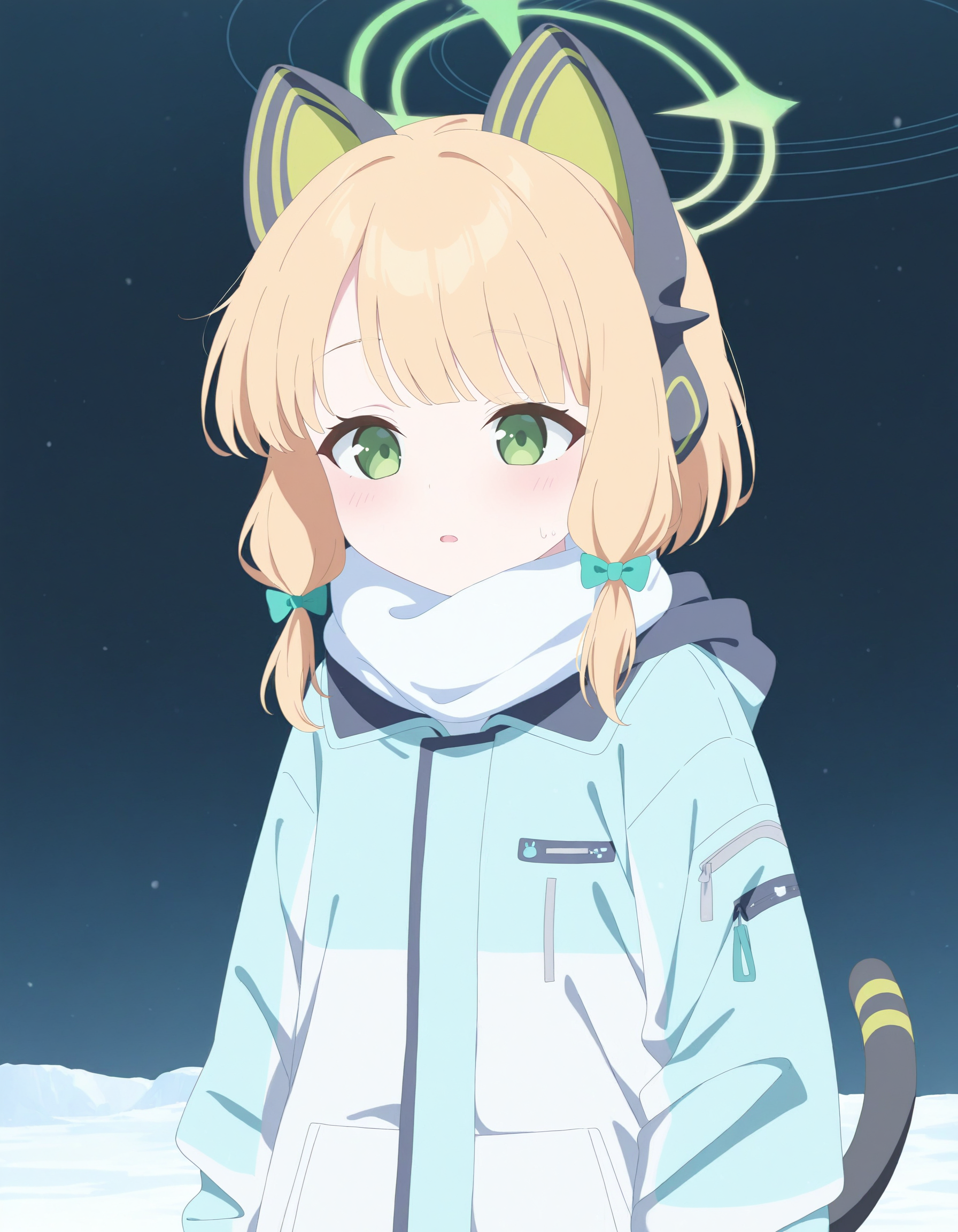 1girl, midori \(winter\) \(blue archive\), midori \(blue archive\), blue archive, best quality, anime coloring,
BREAK
winter clothes, white scarf, hooded coat, aqua coat, green mittens, tail, black background, winter, snow
 <lora:[ILNAI-vpred10]ba-momoi-midori-winter-v1:1>