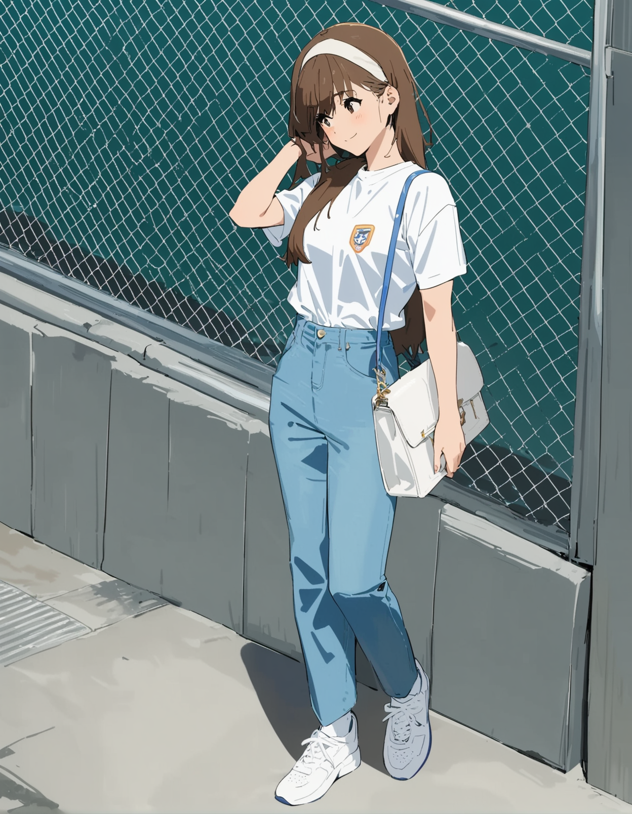 1girl, 
kamo kamen, 
white socks, hairband, white footwear, short sleeves, sneakers, pants, fence, standing, white shirt, full body, brown hair, solo, chain-link fence, denim, print shirt, shirt, socks, looking to the side, closed mouth, bag, blush, shoes, blue pants, brown eyes, from side, handbag, white hairband, long hair, jeans, blue bag, shoulder bag, hand in own hair, smile, 
masterpiece, best quality, newest
 <lora:kamo_kamen_image373_2024-03-28_a31:1>