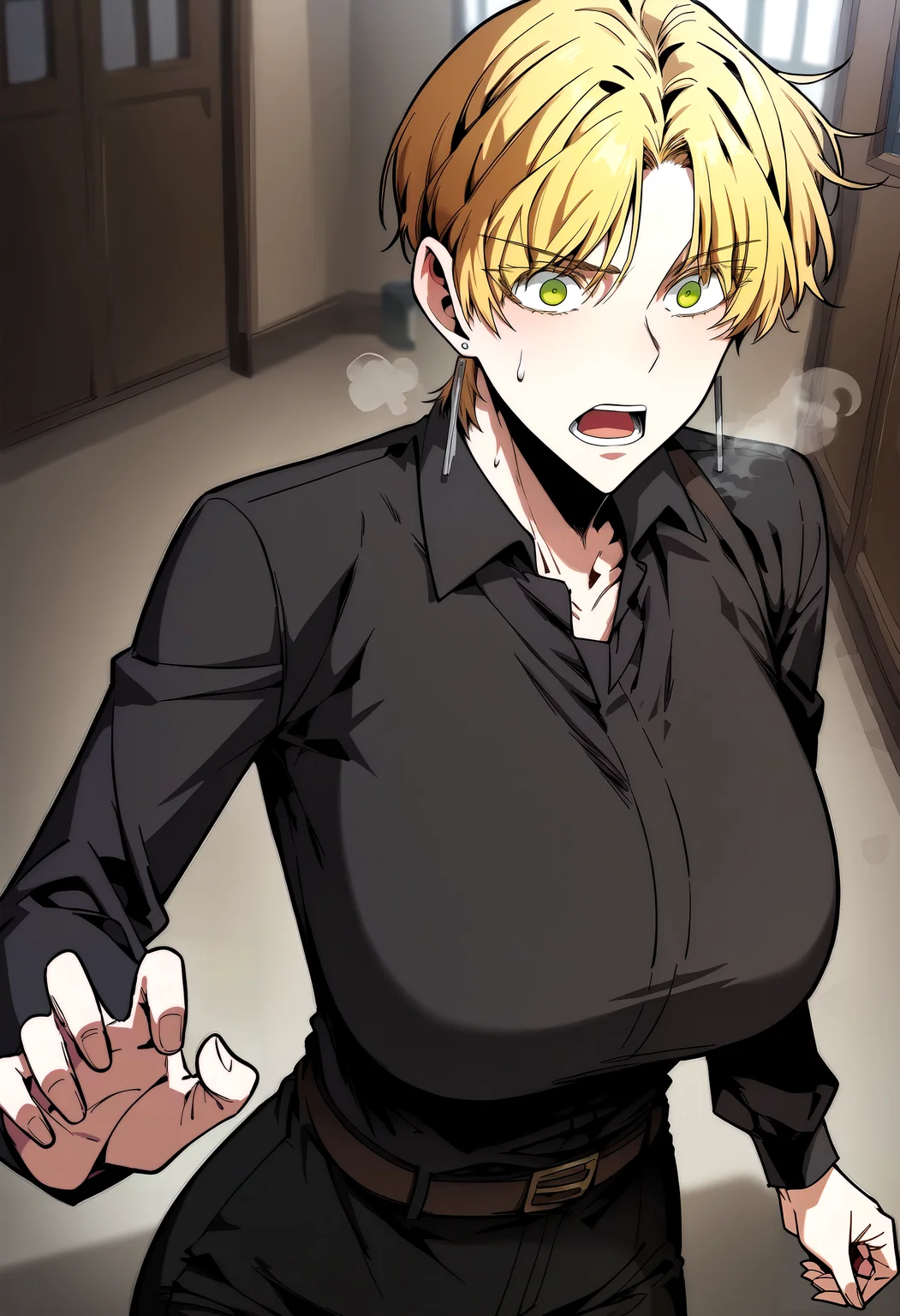 score_9, score_8_up, score_7_up, score_6_up, source_anime, rating_explicit, <lora:neg4all_bdsqlsz_V3.5:2.0>1girl, (solo:1.2), huge breasts, <lora:Eve Rockefellerponyxl:1> blonde hair, green eyes, short hair, parted bangs, earrings, collared shirt, black shirt, long sleeves, black pants, belt, surprised, open mouth, Narrow shoulders, sweat, heavy breathing, steaming body, office, hallway, indoor