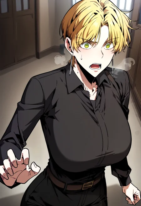 score_9, score_8_up, score_7_up, score_6_up, source_anime, rating_explicit, <lora:neg4all_bdsqlsz_V3.5:2.0>1girl, (solo:1.2), huge breasts, <lora:Eve Rockefellerponyxl:1> blonde hair, green eyes, short hair, parted bangs, earrings, collared shirt, black shirt, long sleeves, black pants, belt, surprised, open mouth, Narrow shoulders, sweat, heavy breathing, steaming body, office, hallway, indoor