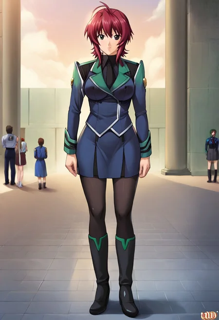 Masterpiece, best quality, score_9, score_8_up, score_7_up, score_6_up, BREAK, beautiful detailed eyes, source_anime, 
convention, military convention, full body shot, crowd in background, blank expression, 
1girl, solo focus, Mana Kirishima, Mana_Kirishima, brown hair, short hair, black eyes, fit woman, UN_Uniform, ((green trim)), red hair, 
medium breasts, wide hips, slim stomach, toned, bimbo, (rei ayanami haircut:0.5),