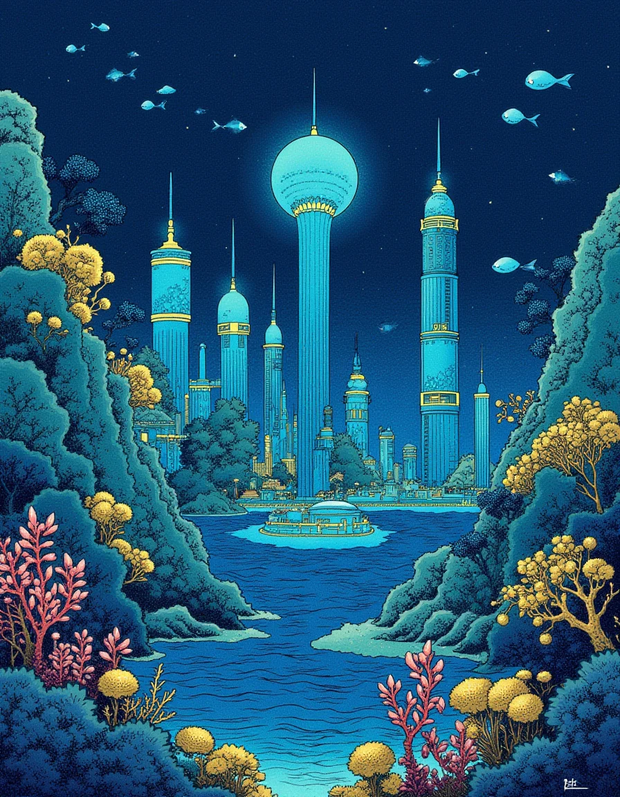 Ukiyo-e style by Hokusai, an advanced underwater city teeming with aquatic life and bioluminescent structures, a harmonious blend of oceanic beauty and technological marvels, the enchanting style