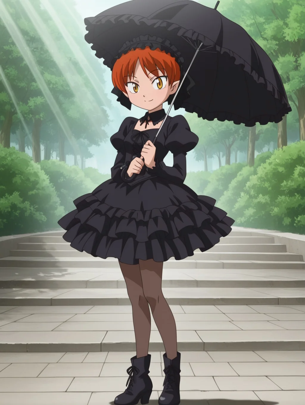 masterpiece, best quality, amazing quality, detailed background, perfect eyes, anime screenshot, anime coloring, 2000s \(style\), 1girl, solo, nekomusume (gegege no kitaro 5), red hair, short hair, yellow eyes, small breasts, gothic fashion, frilled headband, black dress, long puffy sleeves, frills, pantyhose, ankle boots, holding frilled umbrella, looking at viewer, smile, (outdoors, sunbeam),