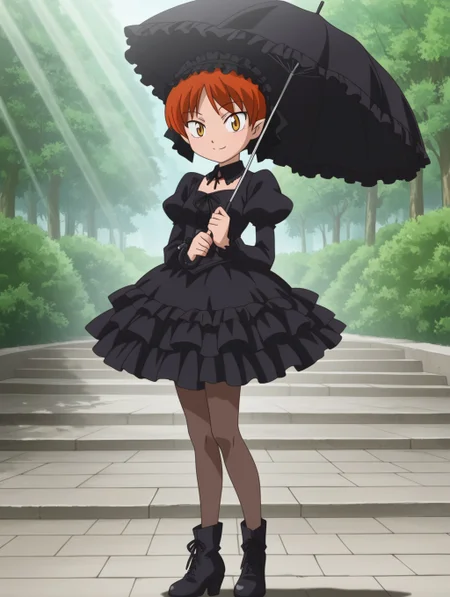 masterpiece, best quality, amazing quality, detailed background, perfect eyes, anime screenshot, anime coloring, 2000s \(style\), 1girl, solo, nekomusume (gegege no kitaro 5), red hair, short hair, yellow eyes, small breasts, gothic fashion, frilled headband, black dress, long puffy sleeves, frills, pantyhose, ankle boots, holding frilled umbrella, looking at viewer, smile, (outdoors, sunbeam),