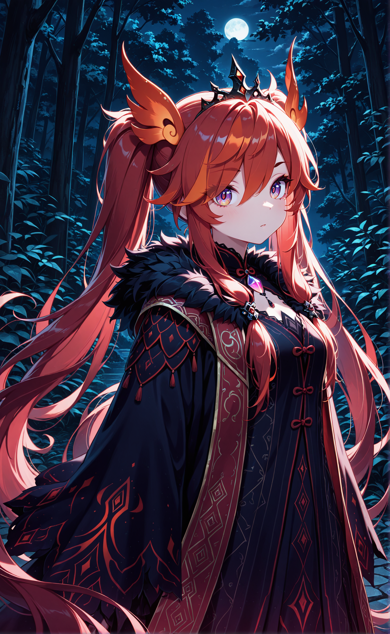 masterpiece, best quality, amazing quality, 1girl, solo, red hair, long hair, detailed eyes, multicolored eyes, dark purple eyes, eyebrows, eyelashes, twintails, hairpin, (tiara:1.1), eyes visible through hair, fenghuang robe, outside, night, nature, scenery, intricate details, dark shadows, <lora:DarkerThanDarkIllustriousV1:0.2> <lora:spo_sdxl_10ep_4k-data_lora_webui:3.0>