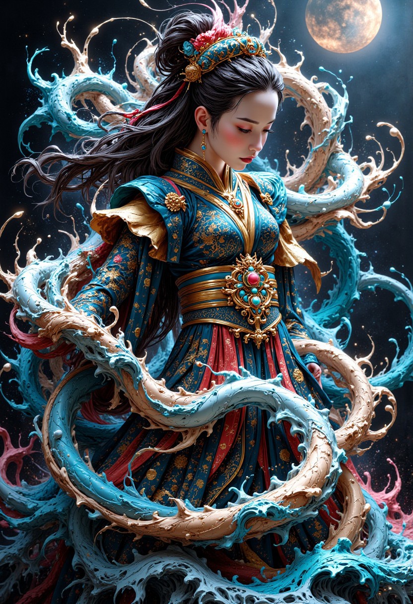 masterpiece, intricate details, waves and water transform into a stunning chinese princess, abstract, surreal colours, fractal art, mythp0rt