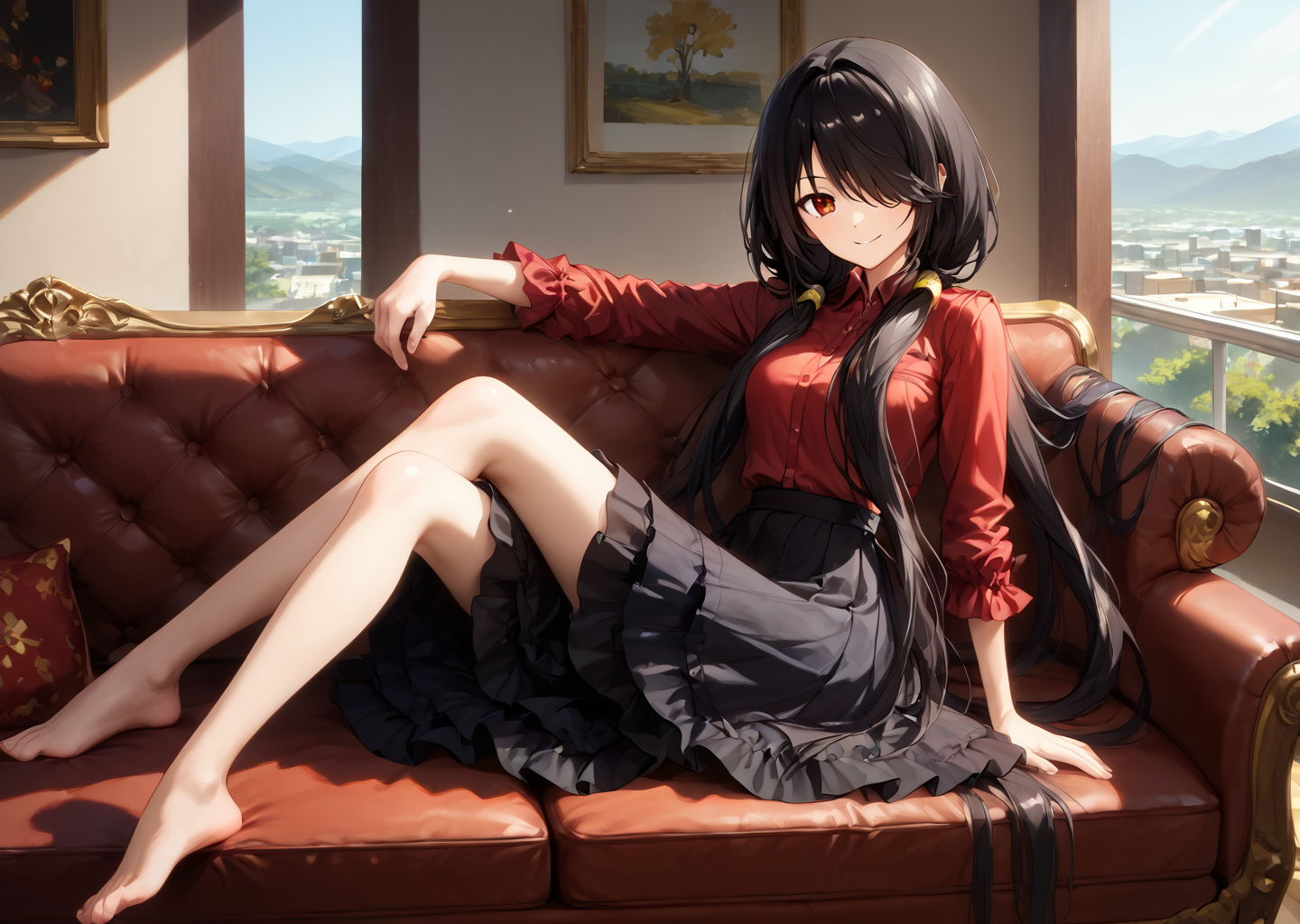 score_9, score_8_up, score_7_up, score_6_up, score_5_up, score_4_up, , scenery, masterpiece,  best quality, very aesthetic,, 
,  looking at viewer, laying, modeling on sofa,  <lora:Kurumi_Tokisaki:0.8> black hair, red eye, long hair, twintails, hair over one eye, yellow eye, heterochromia, clock eye, red shirt, plated skirt, black shirt, sitting, smiling,legs kicking,