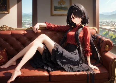 score_9, score_8_up, score_7_up, score_6_up, score_5_up, score_4_up, , scenery, masterpiece, best quality, very aesthetic,,
, looking at viewer, laying, modeling on sofa, <lora:Kurumi_Tokisaki:0.8> black hair, red eye, long hair, twintails, hair over one eye, yellow eye, heterochromia, clock eye, red shirt, plated skirt, black shirt, sitting, smiling,legs kicking,