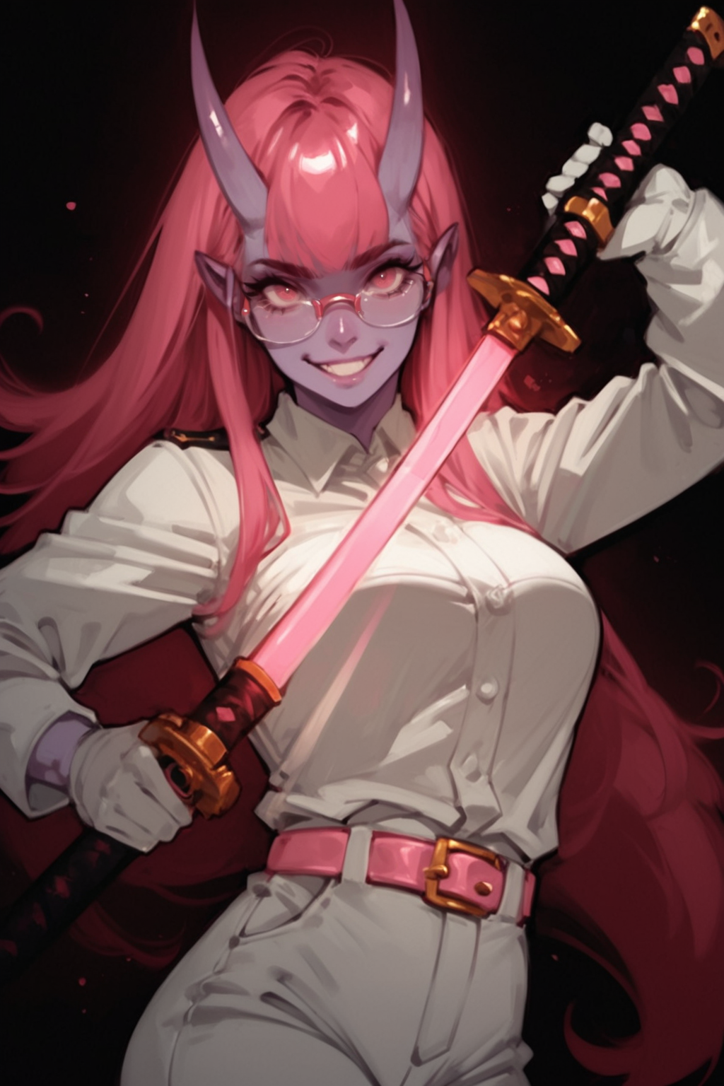 1girl, gloves, horns, white gloves, weapon, sword, solo, unsheathing, long hair, pants, pink hair, belt, holding, sheath, looking at viewer, white pants, smile, holding sword, holding weapon, shirt, pink eyes, black background, pink glasses, high-waist pants, white shirt, pink belt, long sleeves, breasts, katana, colored skin, oni, glowing, glowing weapon, uniform, collared shirt, military uniform, shirt tucked in, glowing sword, cowboy shot, military, glint, medium breasts, large breasts, scabbard, (purple skin:1.5), pink sword, zPDXL3, detailxl,  Score_PnyReal, (lineless:1.5)