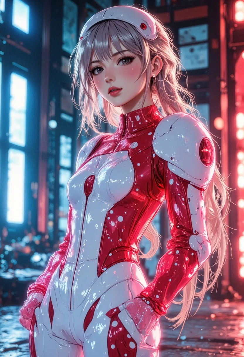 ral-mshrkndm, masterpiece, best quality, ultra detailed, anime, fashion photography, 1girl, solo, upper body, looking at viewer, focused expression, sleek hair, white jumpsuit, red armor, sculpted armor, white spots, polka dots, recessed detail, translucent sleeves, glowing sleeves, red glow, bioluminescence, white headwear, sculpted headwear, minimalist background, laboratory setting, glowing panels, clean lighting, bright lighting, cool lighting, futuristic, experimental chic
