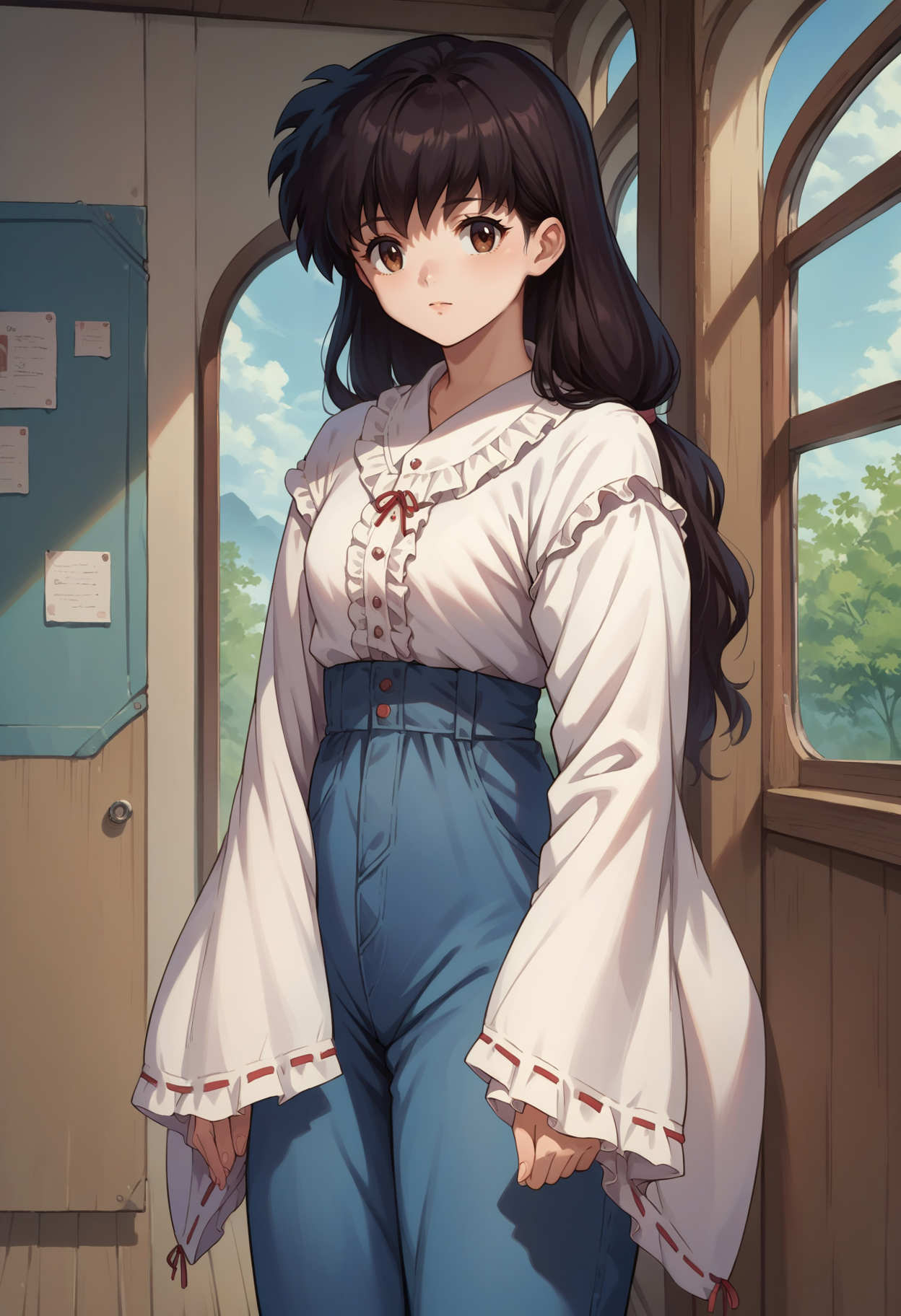 score_7, score_8_up, score_7_up, source_anime, 1girl, solo, looking at viewer, <lora:EPinKagumeSDXL-13:1.0>, EPinKagome, black hair, brown eyes, long hair, detailed background, wide sleeves, frilled shirt, sky blue pants, frills, cowboy shot, indoors, [living room|kitchen|bed room|classroom|bath room| train interior| car interior|bus interior|bus stop|train station|changing room| stairwell]