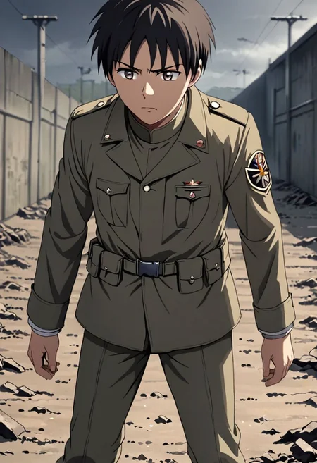 high resolution, solo, best quality, 1Boy, Takaki Toono, Brownish Hair, Brown Eyes, military, action, OverallDetail