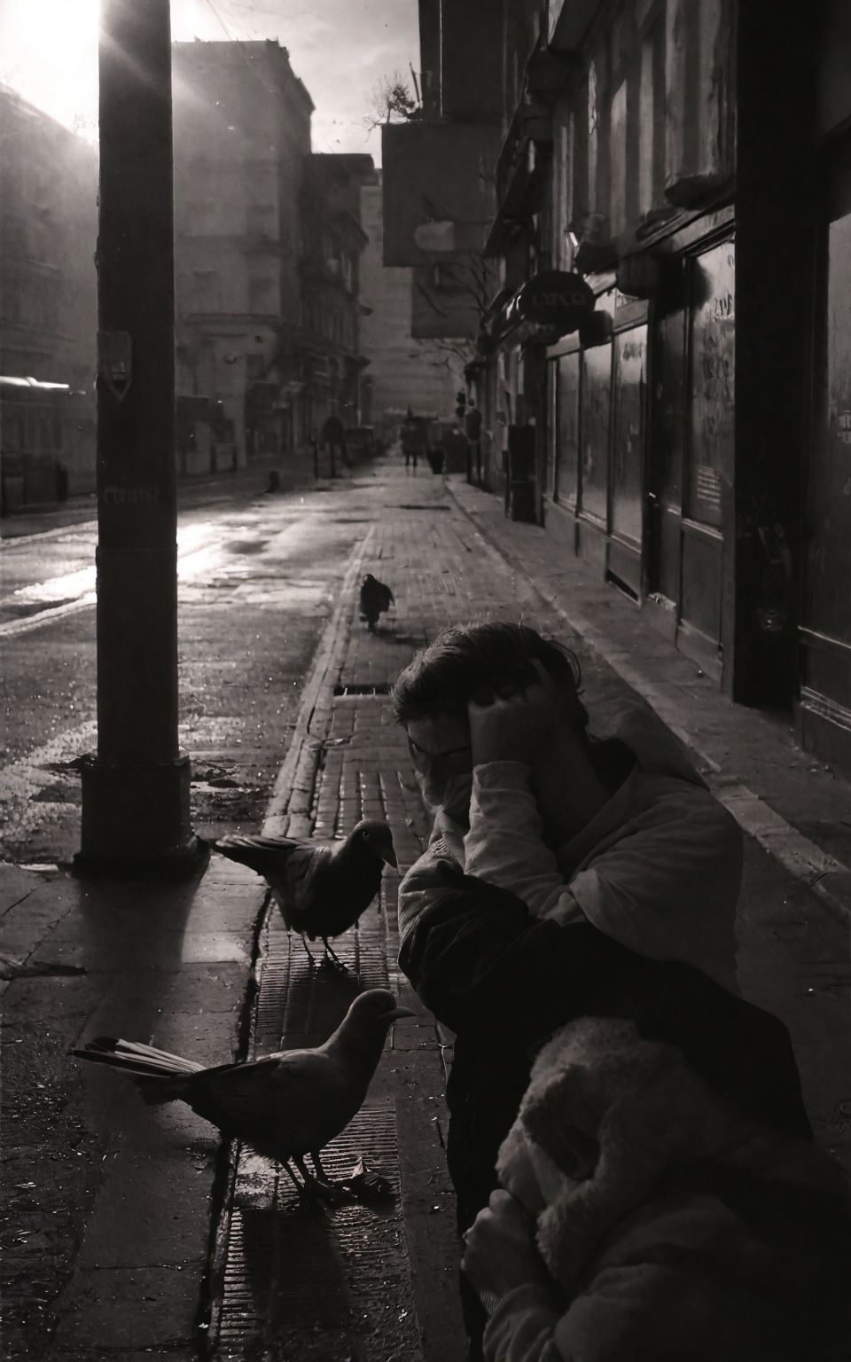 <lora:StreetPhotography_pony_v1:1> street photography, black and white,street photography \(genre\), photorealism \(style\), a couple enjoying a walk in the morning, pigeons roaming the street, score_9, score_6_up, score_7_up