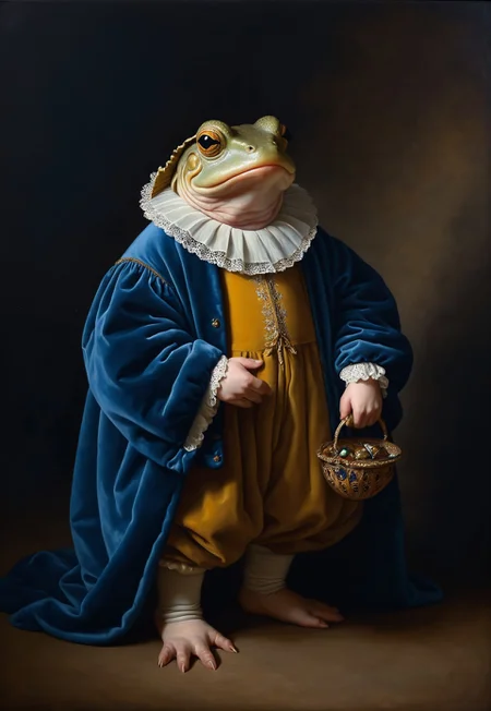 Rembrandt realistic oil painting, retro artstyle, score_9, score_8_up, score_9_up, very detailed, ultra realistic, (best quality) full body, very detailed masterpiece, portrait of an amphibian-like alien creature in medieval environment, red and blue velvet, very dark background, baroque style, very dramatic lighting, much shadow, rembrandt style vermeer style full body, realistic realistic, realism, photo realistic oil painting, photo realistic painting 
