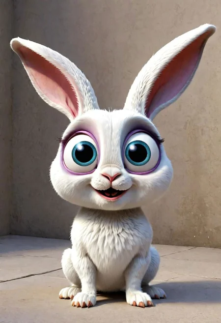 3d,art by pixar,cartoon, a fleshmutant cute white bunny with huge eyes and huge ears