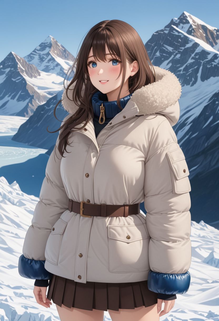 ((((white Oversized shearling down jacket)))), ((((white Oversized shearling puffer jacket)))), ((((white Oversized shearling winter clothes)))), ((((very very cold, in cold)))), ((((semi-realistic)))), ((((puffer hood)))), ((medium knee office skirt, pantyhose, boots)), ((((full body shot)))), ((sharp eyelid, eyeliner, eyelashes, beautiful detailed eyes, tsurime, long messy brown hair, blue eyes, perfect anatomy)), detailed fingers, solo, smile, standing, icefield, ((((masterpiece)))), ((((best quality)))), ((intricate details)), RAW, 8K UHD, (1girl), office lady, detailed face, beautiful face, charming, bonny, (((blush))), (((heavy breathing))), (((feels orgasm))), wind, (Thick padded collar:1.4), (TSH:1.4), (Thick padded cuffs:1.4)