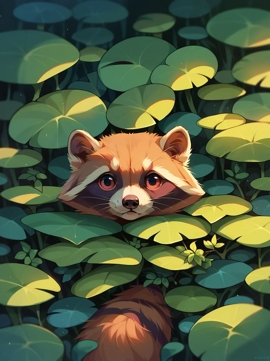 <lora:gr33nXLP:1> gr33n, solo, raccoon, feral, plant, score_9, score_8_up, score_7_up, score_6_up,