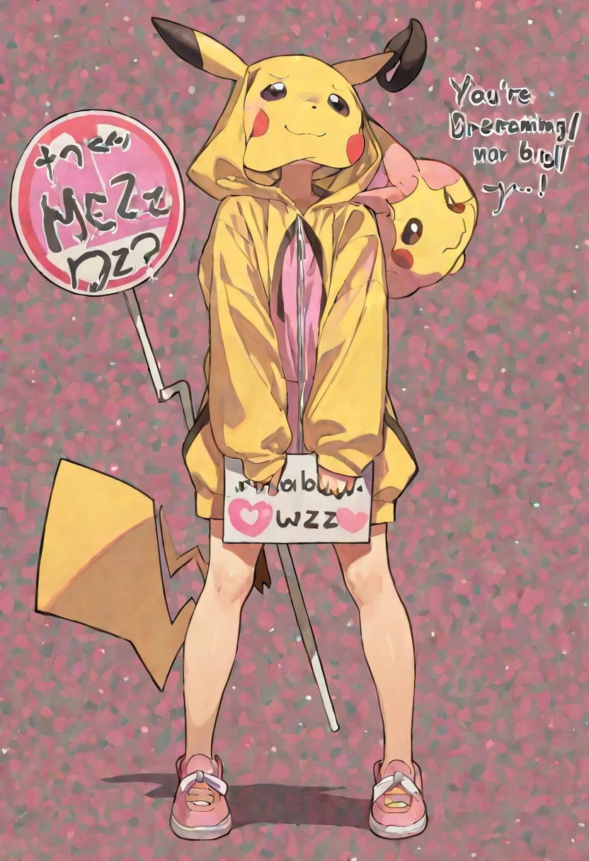 (Pikachu hoodie girl holding sign with text "need buzz", )beautiful light.(background is kawaii Pokemon with dreaming world) droopy masterpiece, best quality, very aesthetic,beautiful light, beautiful shadow.