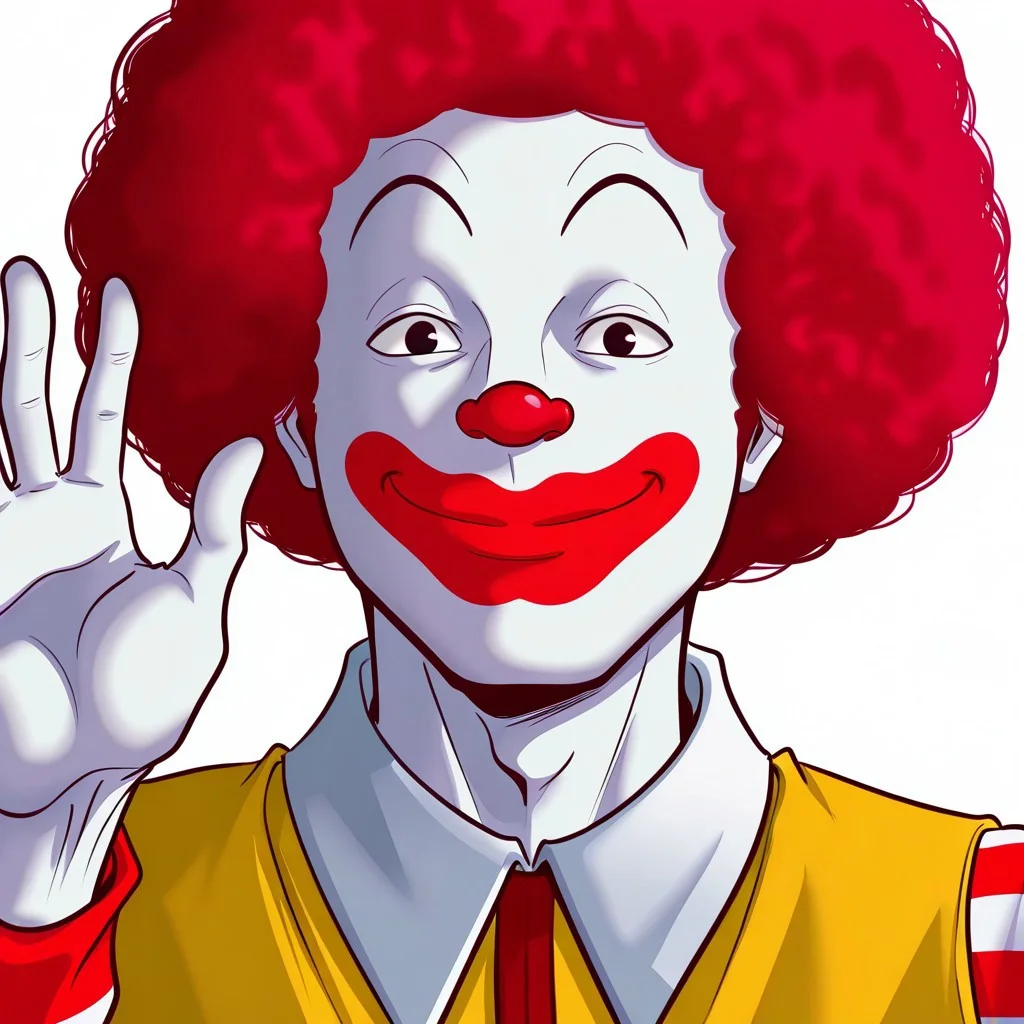 masterpiece, best quality, very aesthetic, absurdres, white background, simple background, 1boy, RonaldMcDonald, clown, pale white skin, red nose, yellow jumpsuit, red and white striped sleeves, shirt collar, red hair, afro, facepaint, red lips, mugen, donaldyupi, waving, grinning, looking at viewer