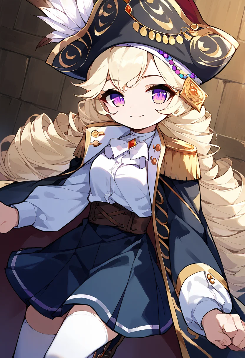score_9,score_8_up,score_7_up,source_anime,zPDXL3,
*//*,<lora:Captain_Pony:1>,captain_new,1girl,solo,long hair,twintails,twin drills,blonde hair,bangs,purple eyes,white shirt,pirate hat,hat feather,black skirt,boots,white thighhighs,coat,epaulettes,long sleeves,light smile,
*//*,looking at viewer,cowboy shot,dutch angle,dynamic pose,