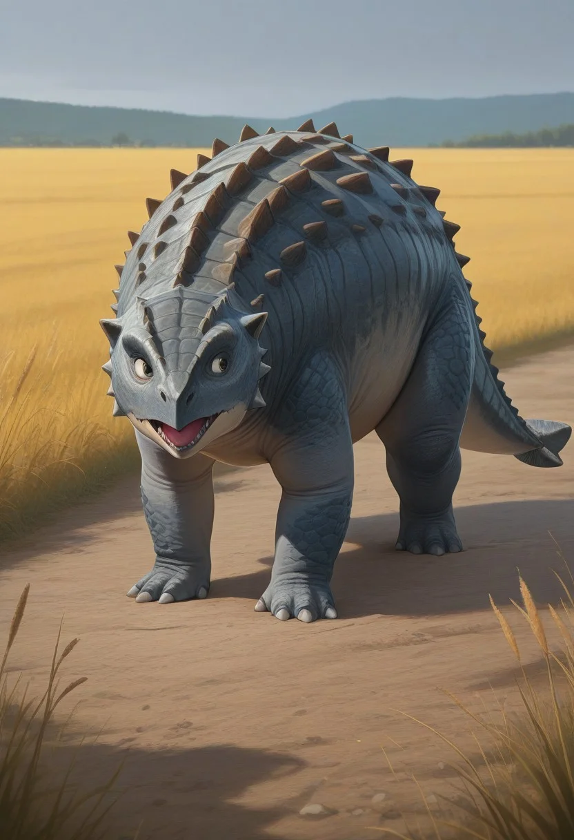 best quality, masterpiece, amazing quality, very aesthetic, absurdres,
full body,
1boy,
no humans, solo,
ankylosaurus,
feral,
colored skin, grey skin, countershading, white belly,
looking to the side,
outdoors, field