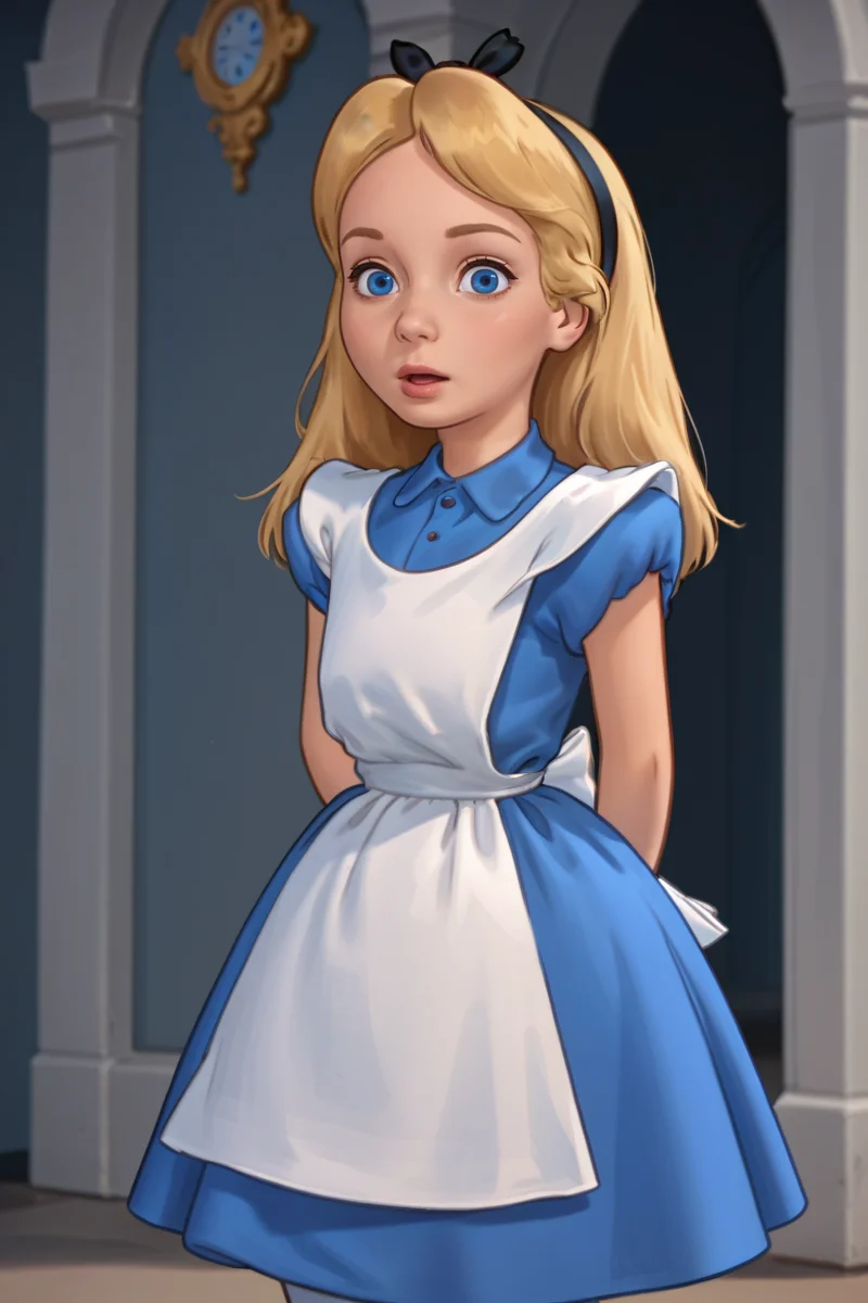 score_9,score_8_up,score_7_up,
<lora:Alice_V2:0.9> alicewonder,
1girl, solo, pretty, blonde hair, blue eyes, female child, black hairband, blue dress, white apron, chibi, shocked, looking at viewer, hands behind back,
<lora:SummertimeSagaXL_Pony:0.6> summertime saga,