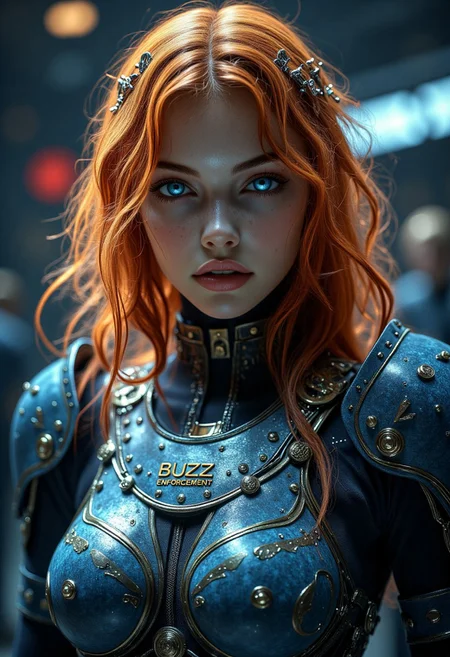 A close up cinematic shot of a female cyborg, full pouty lips, shoulder length RED HAIR, ethereal glittery makeup, highly detailed blue eyes glow slightly , wearing battle damaged and worn space marine battle chest breastplate:0.9, looking at the viewer, the word “BUZZ ENFORCEMENT” is written on the chest-plate in glowing letters, extreme quality, best details, hkstyle, futuristic dark and Forbidding spaceship interior in background, bokeh,