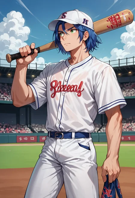 score_9, score_8_up,score_7_up, score_9, score_8_up,score_7_up, source_anime, 1boy, solo, <lora:EPpkJamesPony-07:0.8> EPpkJames, medium hair, blue hair, green eyes, baseball, baseball bat, baseball helmet, baseball uniform, blue sky, closed mouth, cloud, facing to the side, helmet, holding, holding baseball bat, looking to the side, male focus, pants, sky, sportswear, white headwear, white pants, baseball stadium,