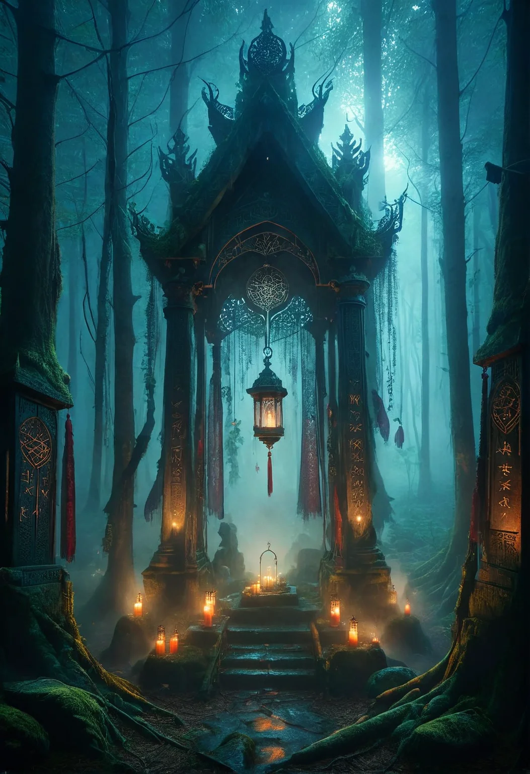 ais-rcn, a veiled shrine hidden in the heart of a misty forest, its presence betrayed only by the soft glow of lanterns and the faint sound of chimes <lora:ais-rcn-sdxl:1>, cinematic