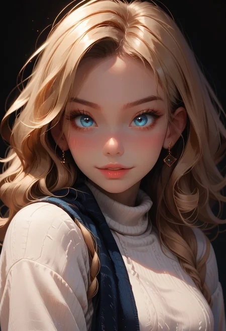 score_9, score_8_up, score_7_up, score_6_up,
1girl, 18yr old Alice in wonderland, perfect face, cute, petite,
Blue eyes,
Blonde long hair, ringlets, blue glowing scarf,
white sweater, long sweater, long sleeves,
Blue layered skirt,
white thighhighs,
Close up, smiling
night, dark