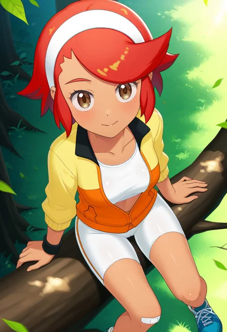 2d, masterpiece, best quality, amazing quality, highres, absurdres, newest, 1girl, solo, sitting, on branch, forest, from above, dutch angle, looking at viewer, medium breasts, pktina, brown eyes, short hair, red hair, bangs, dark-skinned female, white hairband, multicolored jacket, yellow jacket, orange jacket, partially opened jacket, three-quarter sleeves, black wristband, white sports bra, white shorts, bike shorts, bandaid on knee, shoes, blue footwear, rating_safe