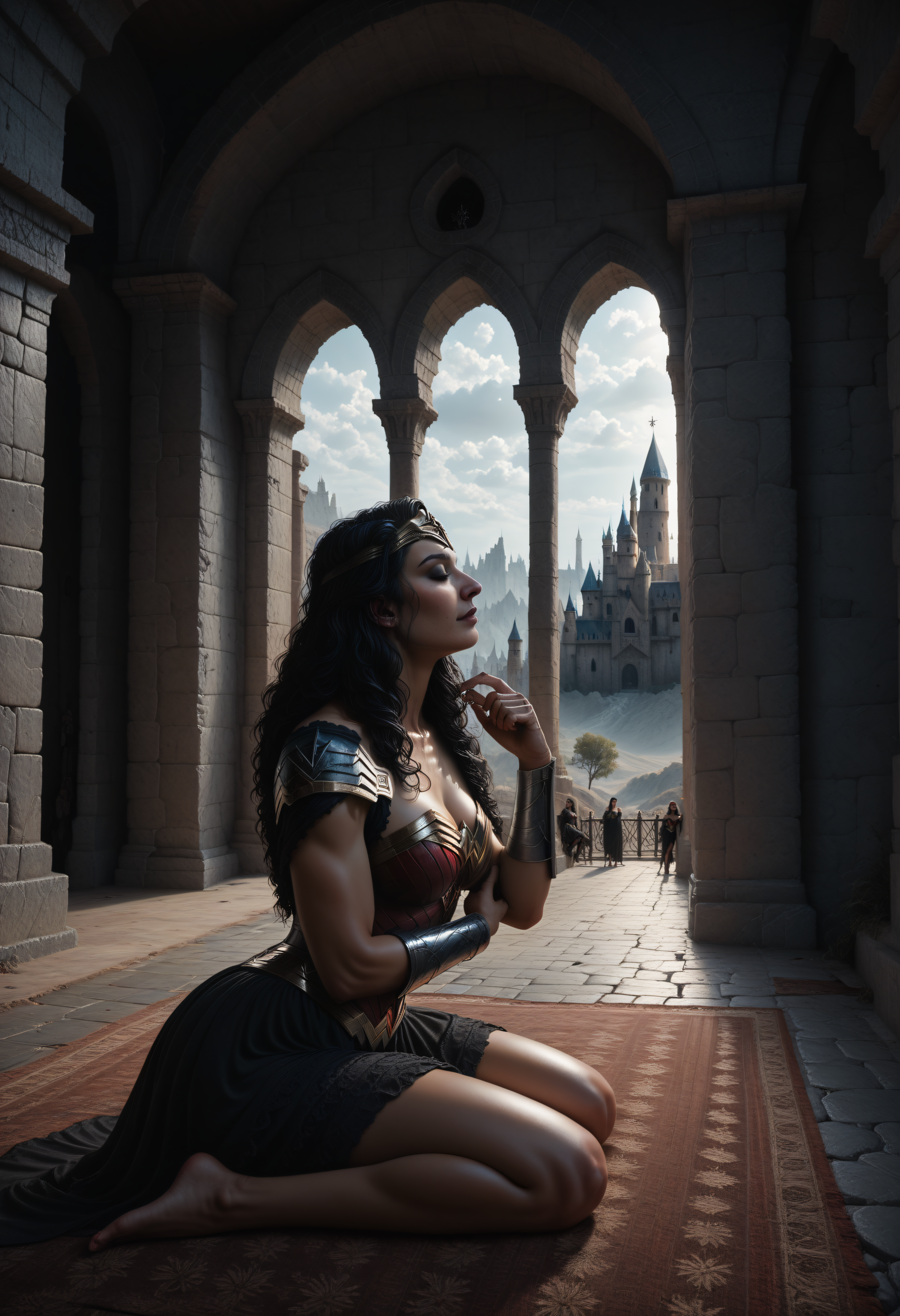 score_9, score_8_up, score_7_up, embedding:c4stl3, 1girl, wonder_woman, dc_comics, 1girl, black_hair, blue_eyes, closed eyes, crawling, indoors, desert