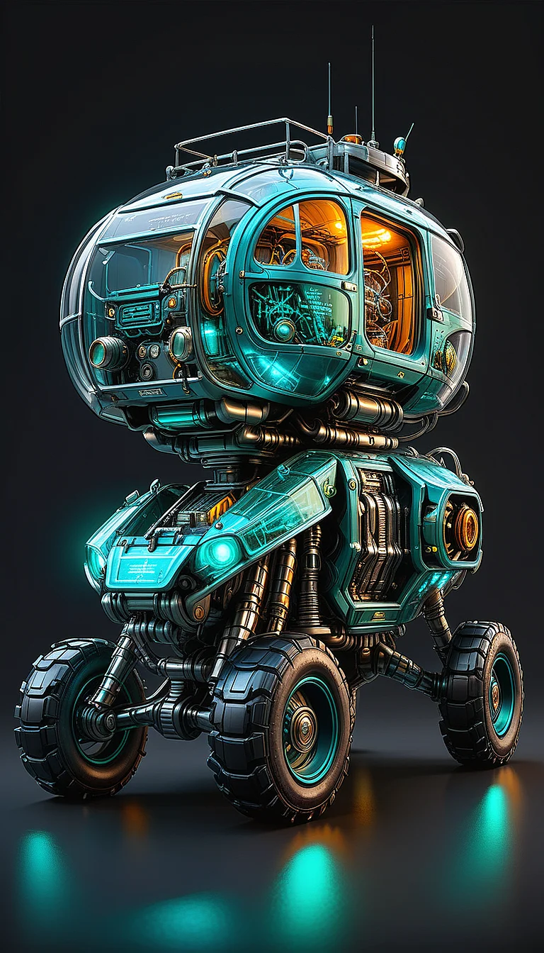 (in ARTIST style:1.4), (masterpiece:1.7), properly positioned, straight, glow teal neon,
View of buggy legged vehicle (science fiction texture, science fiction skin, someplastic, , dark background, dark background, english text, emblem, cable, retro, old style, device, wearable item (transparent:2), transparent skin, transparent texture, mecha, multi legged vehicle,transparent glass paint, mecha),
(masterpiece:1.8), (highest detailed:1.8), perfectly lighted, (contrast), (saturated), (((sharp focus))),
(hyperdetailed:1.3), (intricate details:1.2), (Refined details:1.3), (best quality:1.5), highly detailed textures, vibrant colors,
(ultra sharp focus:1.8), (detailed skin:1.8), (detailed edges:1.8), (thin lines:1.8), (best quality:1.8),
<lora:Apparatus_-_Traction_City_Walkers_Vehicles:0.7>,