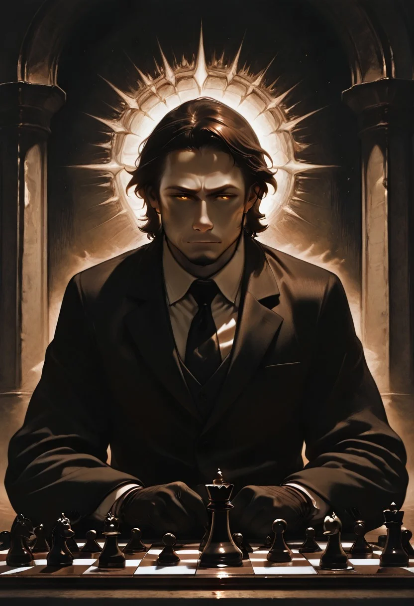 masterpiece, best quality, amazing quality, absurdres, newest, detailed background, definition so sharp, Ultra-HD, 8K cinematic, very awa, impressionate, amazing quality, highres, rnsls2,
solo, male focus, manly, shadow, shiny skin,
shimonmakusu, shimon_brunette, shimon_orange eyes, 1boy, short hair, stubble, goatee, mature male, cold_expression, intense_gaze, mastermind, strategist, chess_board, gloves, suit, shadowed_face, calculating, observant, monochrome, sharp_focus, confident_pose, dark_academia