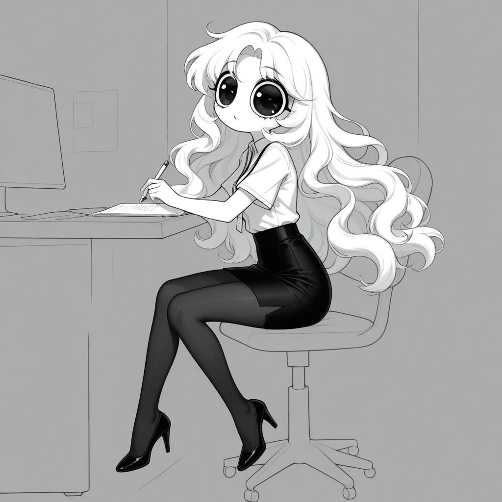 Xiaro, 1girl, solo, monochrome, big eyes, long wavy white hair, white short-sleeved office shirt, black skirt, black pantyhose, black heels
Xiaro sitting in an office while writing