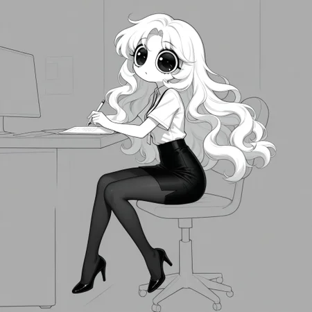 Xiaro, 1girl, solo, monochrome, big eyes, long wavy white hair, white short-sleeved office shirt, black skirt, black pantyhose, black heels
Xiaro sitting in an office while writing