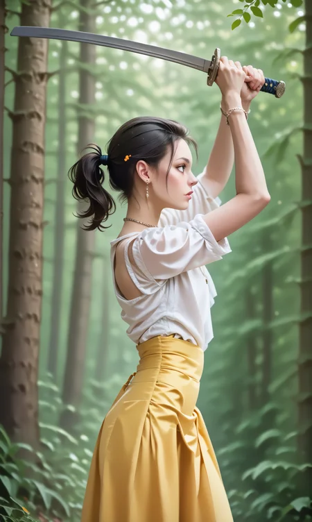 score_9, score_8_up, score_7_up, ovhatt, onehnd, side view, (slim 25yo girl) is overhead attacking with a sword in a crowded forest, yellow skirt and white blouse, black (holdup stockings), necklace, short brunette ponytail
<lora:OverheadAttackPony:1>