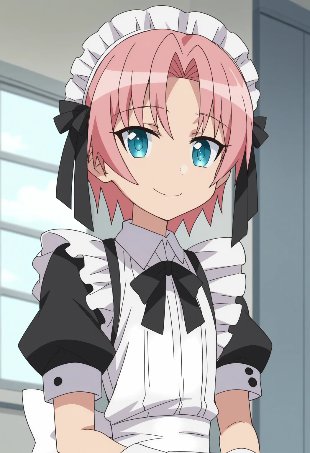 score_9, score_8_up, score_7_up, score_6_up, score_5_up, score_4_up , anime coloring ,BREAK source_anime, anime,screencap,
 1boy, solo, himea, short hair, white apron, wrist cuffs, maid, maid headdress, otoko no ko, crossdressing, black hair ribbon, maid apron, black necktie, <lora:PonyXL HimeA V3:1>
indoors,smile, looking at viewer,  upper body,