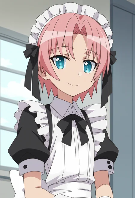 score_9, score_8_up, score_7_up, score_6_up, score_5_up, score_4_up , anime coloring ,BREAK source_anime, anime,screencap,
1boy, solo, himea, short hair, white apron, wrist cuffs, maid, maid headdress, otoko no ko, crossdressing, black hair ribbon, maid apron, black necktie, <lora:PonyXL HimeA V3:1>
indoors,smile, looking at viewer, upper body,