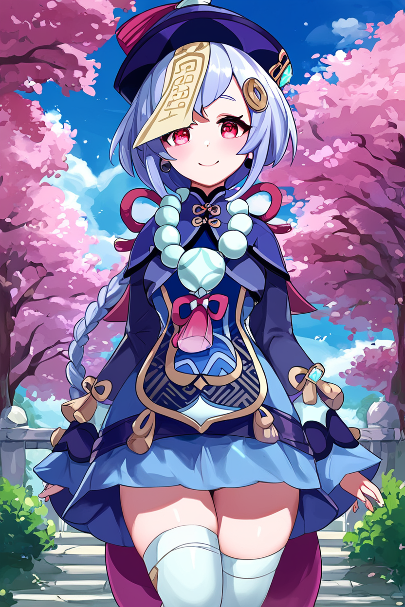 score_9, score_8_up, score_8, medium breasts, (curvy), cute, eyelashes,       ,,, , ,,, zzQiqi, braid, long hair, red eyes, hair ornament, earrings,   ofuda, qingdai guanmao, jiangshi, long sleeves, bead necklace, wide sleeves, white thighhighs, dress, <lora:Qiqi_Genshin_PDXL_v2:0.8>,     ,,,, BREAK, smile, looking at viewer, cowboy shot, ,,, outdoors, sky, day, cloud, tree, blue sky, sunny,  ,,, Expressiveh, ,,, <lora:Alola_Style_PDXL:0.8>, <lora:Expressive_H-000001:0.4>,