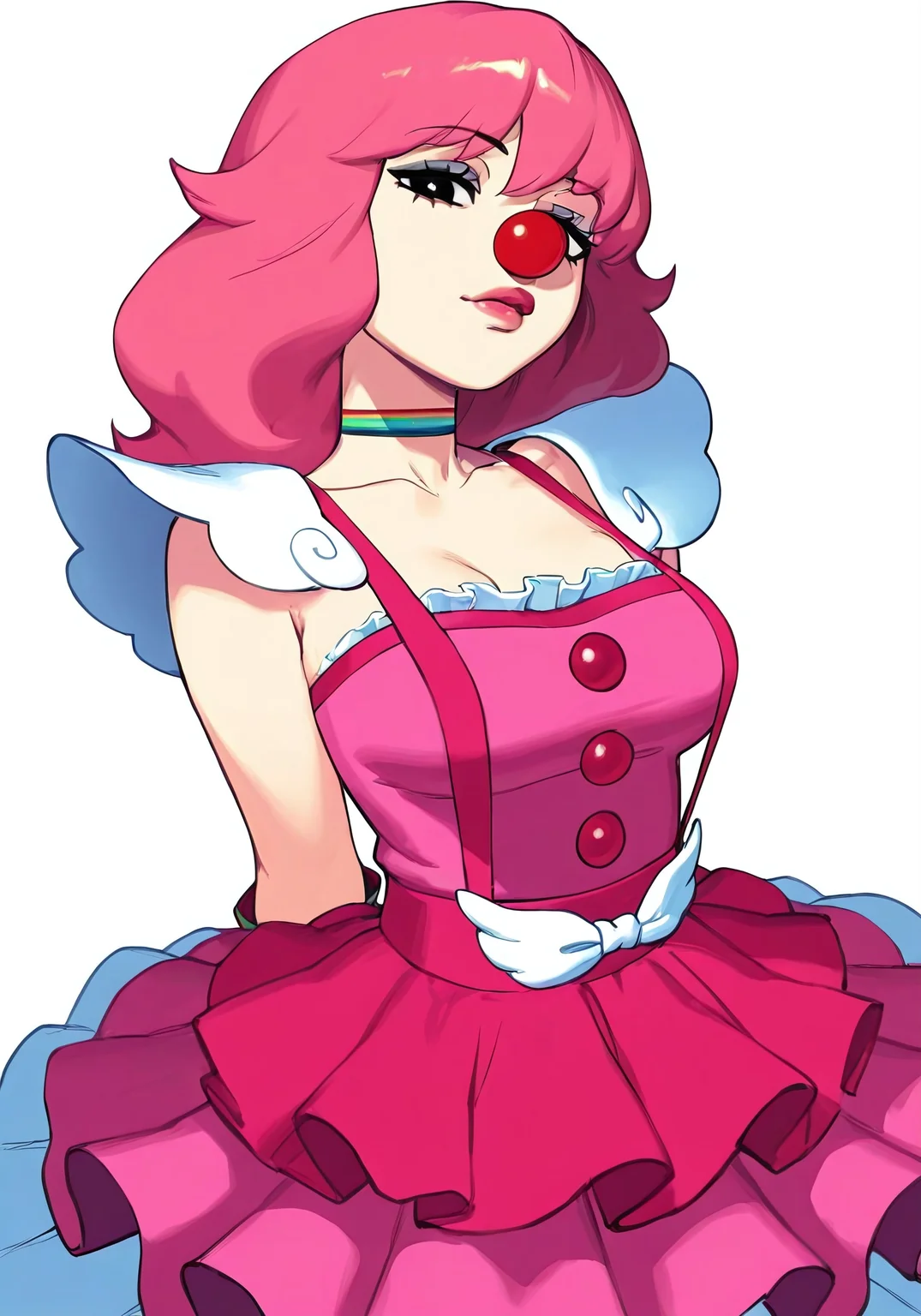 geirutoneido, masterpiece, best quality, newest, absurdres, highres, 1girl, solo, pink hair, clown, pink gloves, dynamic angle, foreshortening, dress, sleeveless, medium breasts, medium hair, suspenders, multicolored clothes, black eyes, eyeshadow, choker, makeup, glossy lips, frilled dress,